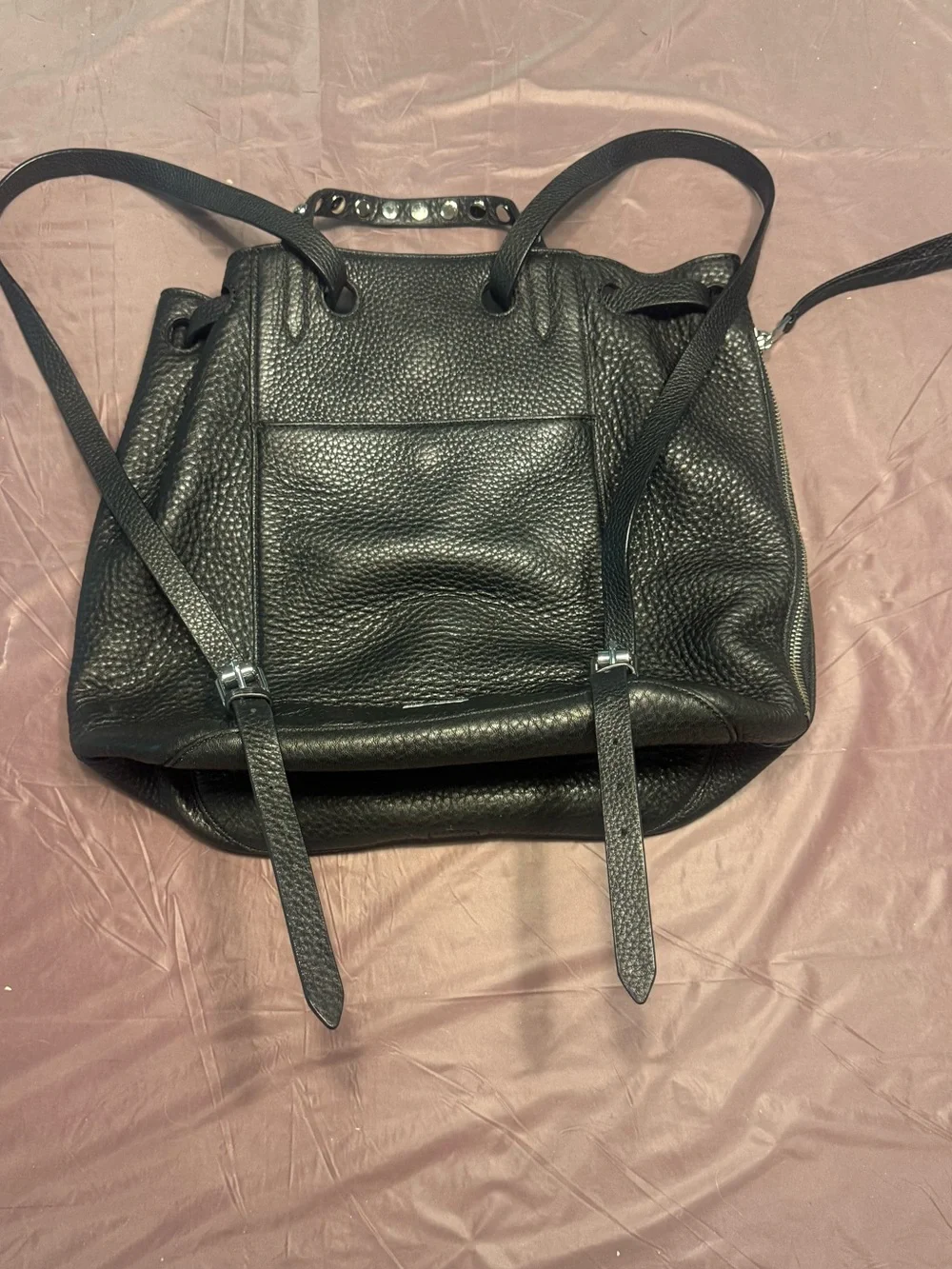 Rebecca Minkoff Blythe Black Leather Drawstring Backpack Silver Hardware $325